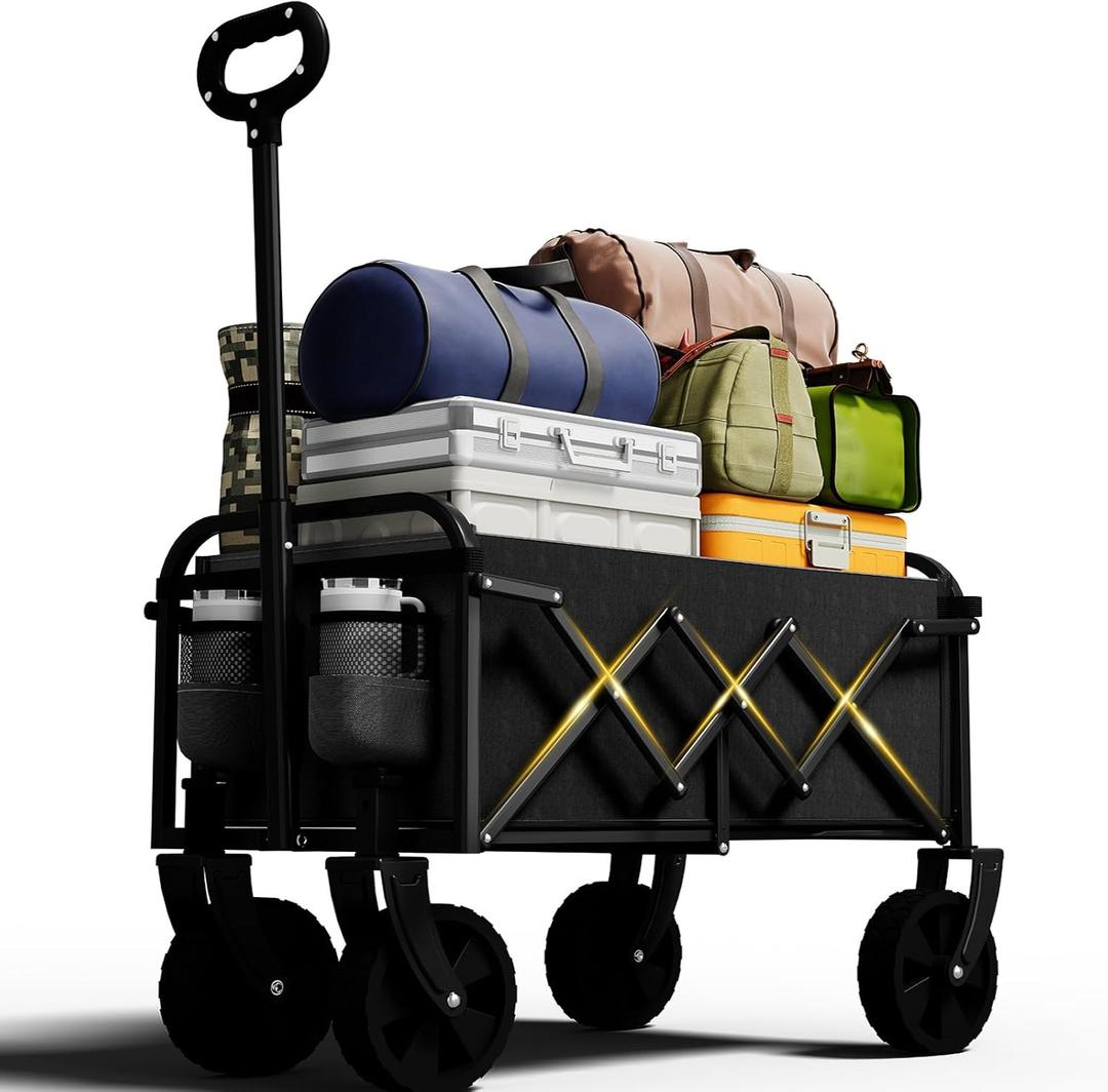Foldable Wagon, Collapsible Wagon with Wheels, Small Wagons Cart with Flexible Handle, Portable Grocery Utility Wagons for Camping, Garden, Sports, Black