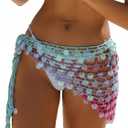 OYOANGLE Women's Sequins Crochet Bohemian Bikini Cover Up Hollow Out Ombre Wrap Sparkly Beach Skirt