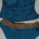 WDIRARA Women's 2 Piece Color Block Tankini Set Bandeau Strapless Ruched Bathing Swimsuit (Large, Teal Blue)