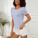 MISSACTIVER Women Striped Color Block T-Shirts Crew Neck Short Puff Sleeve Slim Fit Pullover Shirt Casual Summer Tee Tops (M)