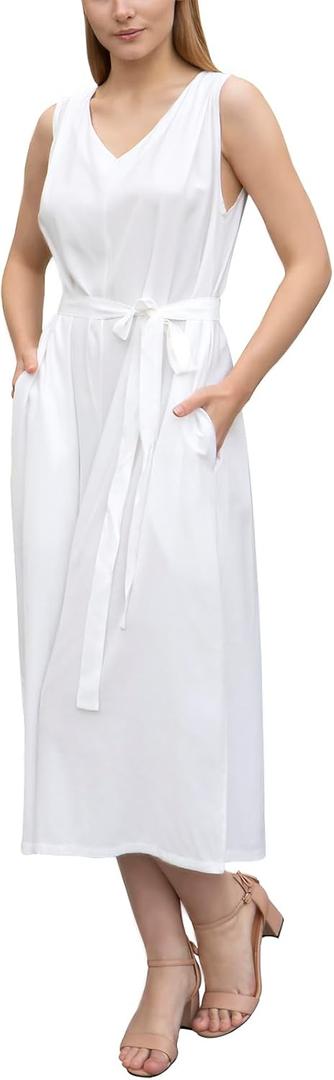 Summer Belted V Neck Wide Leg Jumpsuits For Women Loose Fit Sleeveless With Pockets (Large, White)