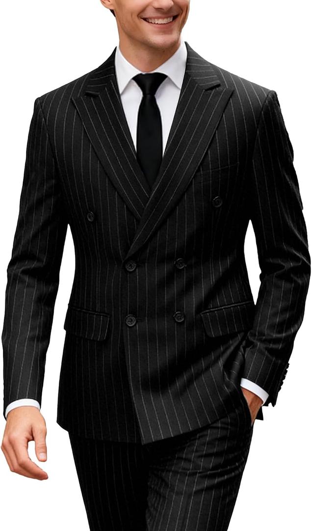 UNINUKOO Men's Suits 2 Piece Pinstripe Double Breasted Tuxedo Suit for Men Slim Fit Formal Dress Blazer Jacket Pants, Medium