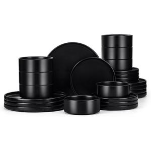 E-far Black Dinnerware Sets for 8, 24-Piece Stoneware Plates and Bowls Dish Set, Modern Kitchen Dinning Dishware, Chip and Scratch Resistant, Microwave & Dishwasher Safe, Matte Black