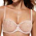2 x Wingslove Women's Sexy Lace Bra Sheer Balconette Bralette See-Through Bras Embroidered Unlined Underwire (Beige)