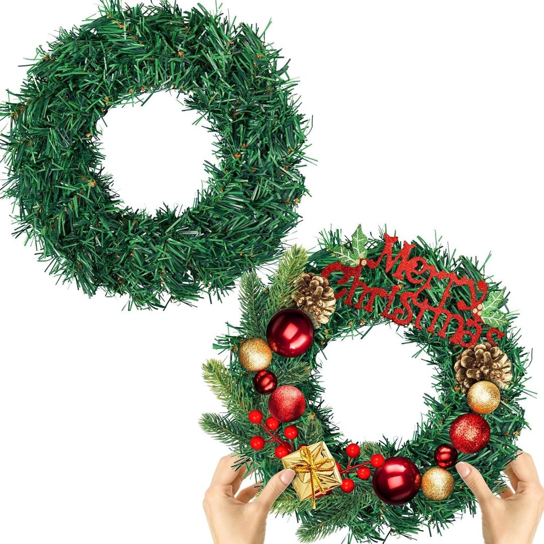 2 Pcs Christmas Wreath 10 Inch Green Artificial Wreaths DIY Faux Plain Wreaths Front Door Green Farmhouse Cabinets Wreath Indoor Outdoor Wall Decor(Fresh)