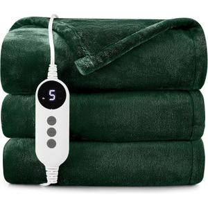 HYLEORY Heated Electric Blanket Throw, 2-Layer Cozy Warm Flannel 50" x 60", Heating Blanket with 9 Heating Levels, 2/4/6/10 Hours Auto Off, Fast Heating Winter Blanket, Green