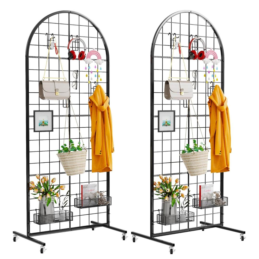 Grid Wall Panel 2PCS Display Stand 2' x 5.2' FT Black Gird Wall Panels Movable Retail Display Racks Floorstanding Grid Wall Heavy Duty with Wheel for Art Craft Photo Display Fair Trade Show