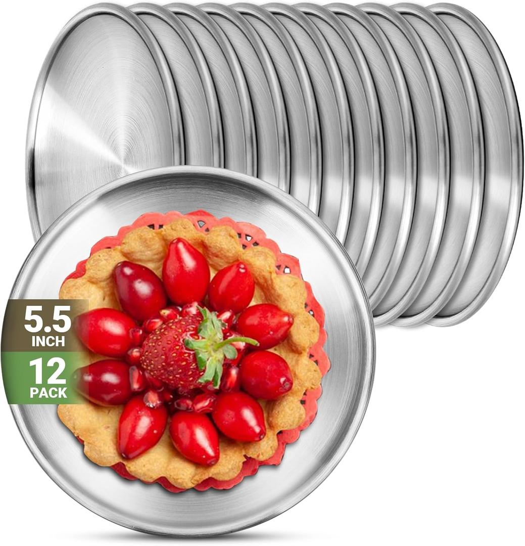 Stainless Steel Plates, 12 Pack 5.5 inch 304(18/8) Metal Food Serving Plate Set, Reusable Snack Eating Dishes Round Shatterproof Plate Silver Dinnerware for BBQ Dinner Oven Dishwasher Safe