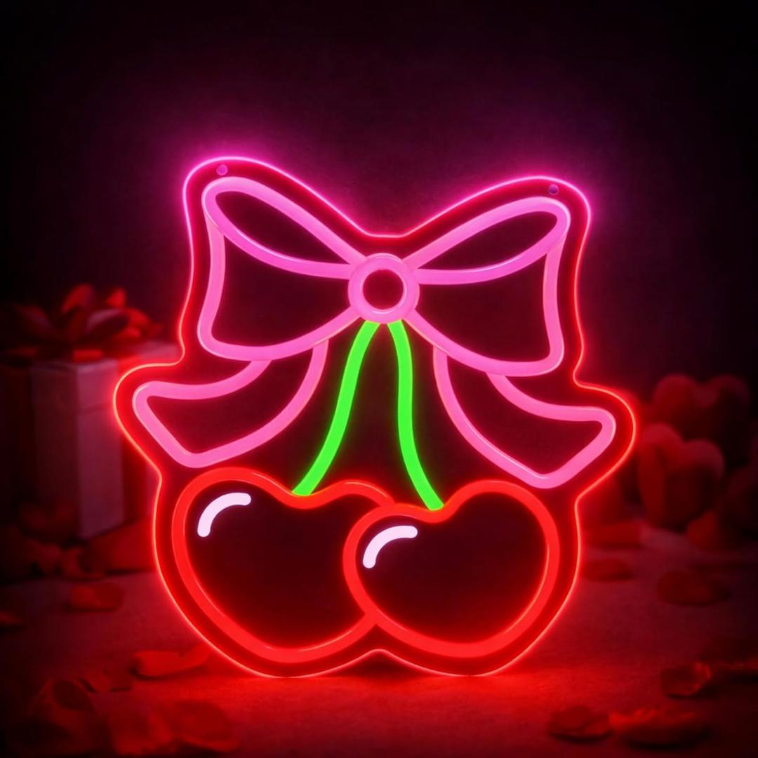 Valentines Galentines Day Decor Valentines Cherry Bow Neon Sign Window Light Heart LED Light USB Powered 11.8 x 11.8'' Adjustable Lighting for Cherry Birthday Party Room Bedroom Wall Decor (Red and Pink)