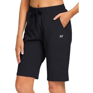 EZRUN Womens Bermuda Shorts Summer Sweat Shorts with Deep Pockets Cotton Shorts for Women Gym Workout (Large, Black)