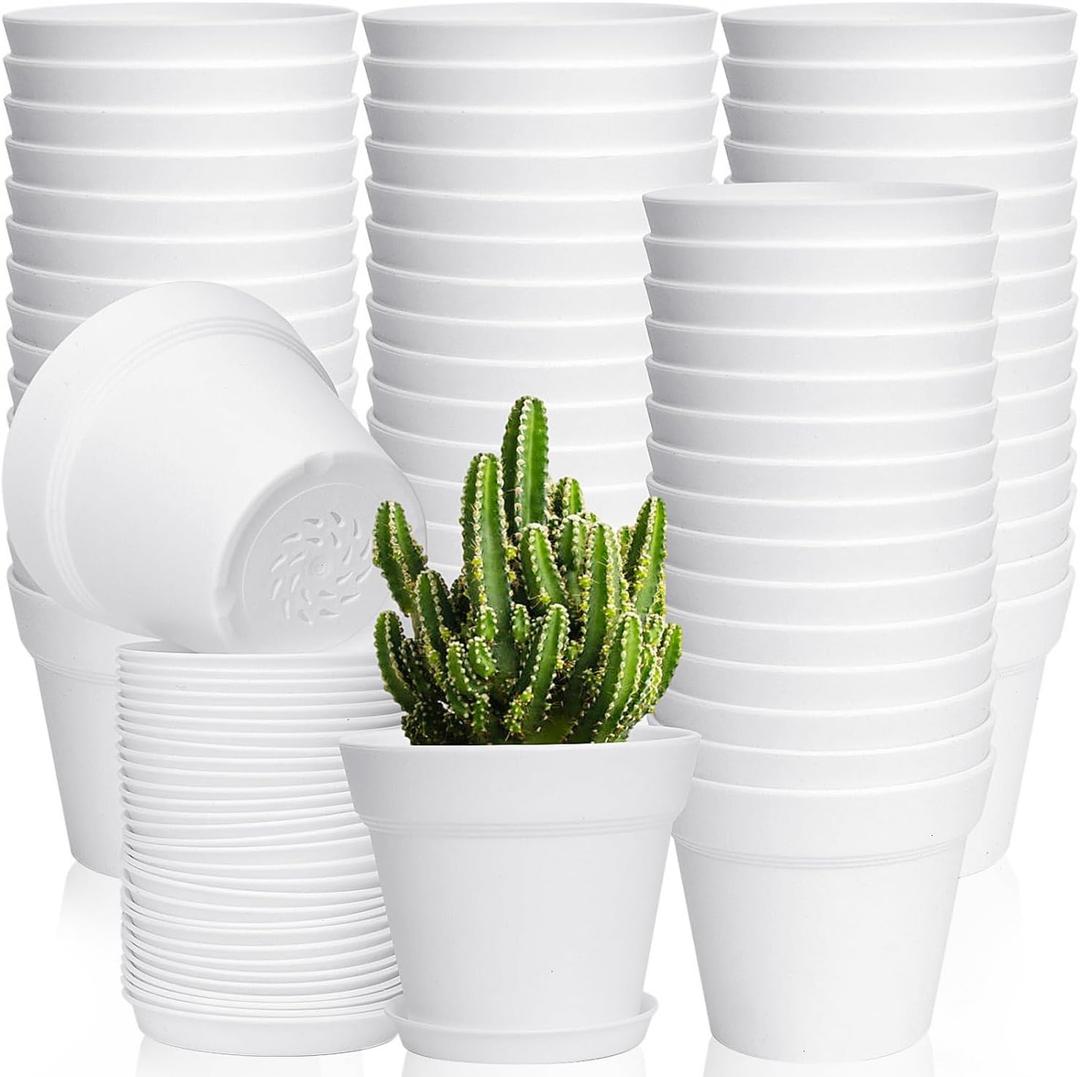 60 June Fox 60 Pack Small Plant Pots Indoor 4 Inch Plastic Planter with Drainage Holes and Saucers Premium Decorative White Plant Pot for Succulent, African Violets, Flowers, Plants