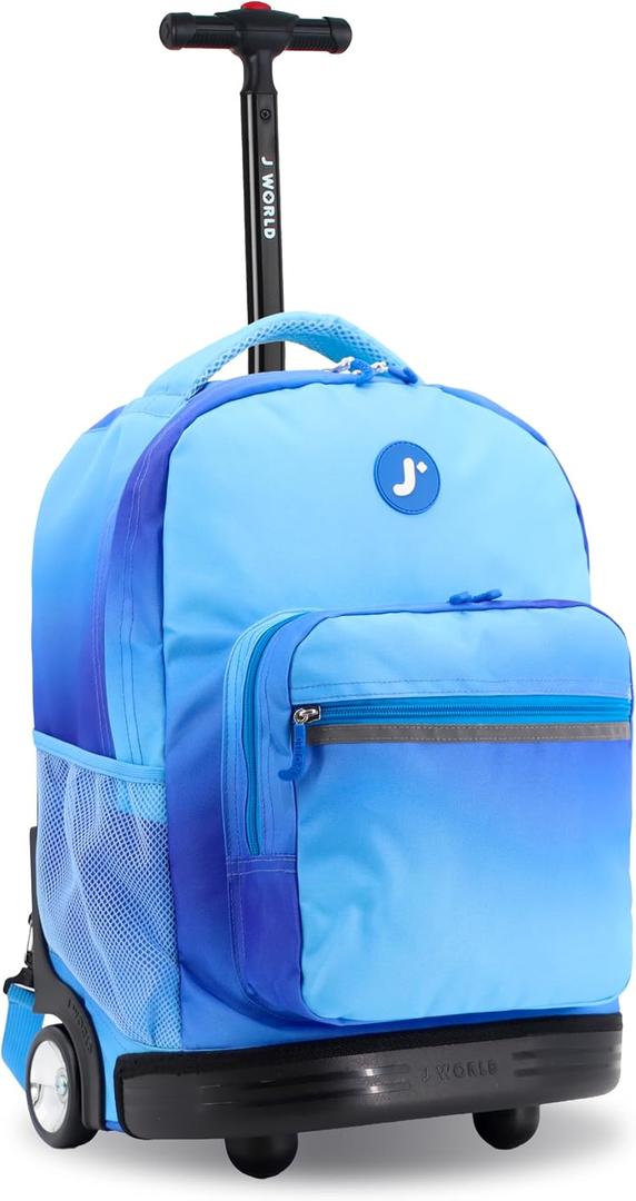 J World Sunrise Kids Rolling Backpack with Wheels for Girls Boys, Roller Bookbag for School, 18 x 13 x 9 Inches, Blue Gradient