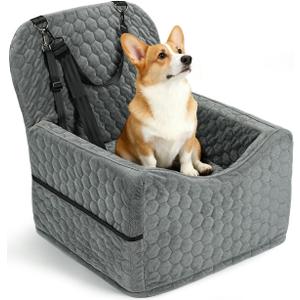 Dog Car Seat for Small/Medium Pets, Adjustable Booster Seat with Safety Leash, Washable Cover & Storage Pockets (Up to 35 lbs, Gray)