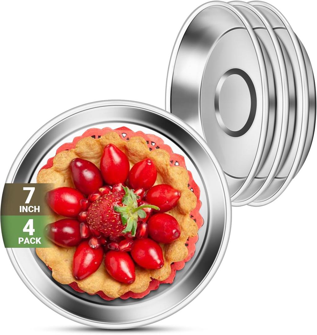 Deep Stainless Steel Plates, 4 Set 7 inch 304(18/8) Metal Food Serving Plate, Reusable Snack Eating Dishes Round Shatterproof Plate Silver Dinnerware for BBQ Dinner Oven Dishwasher Safe