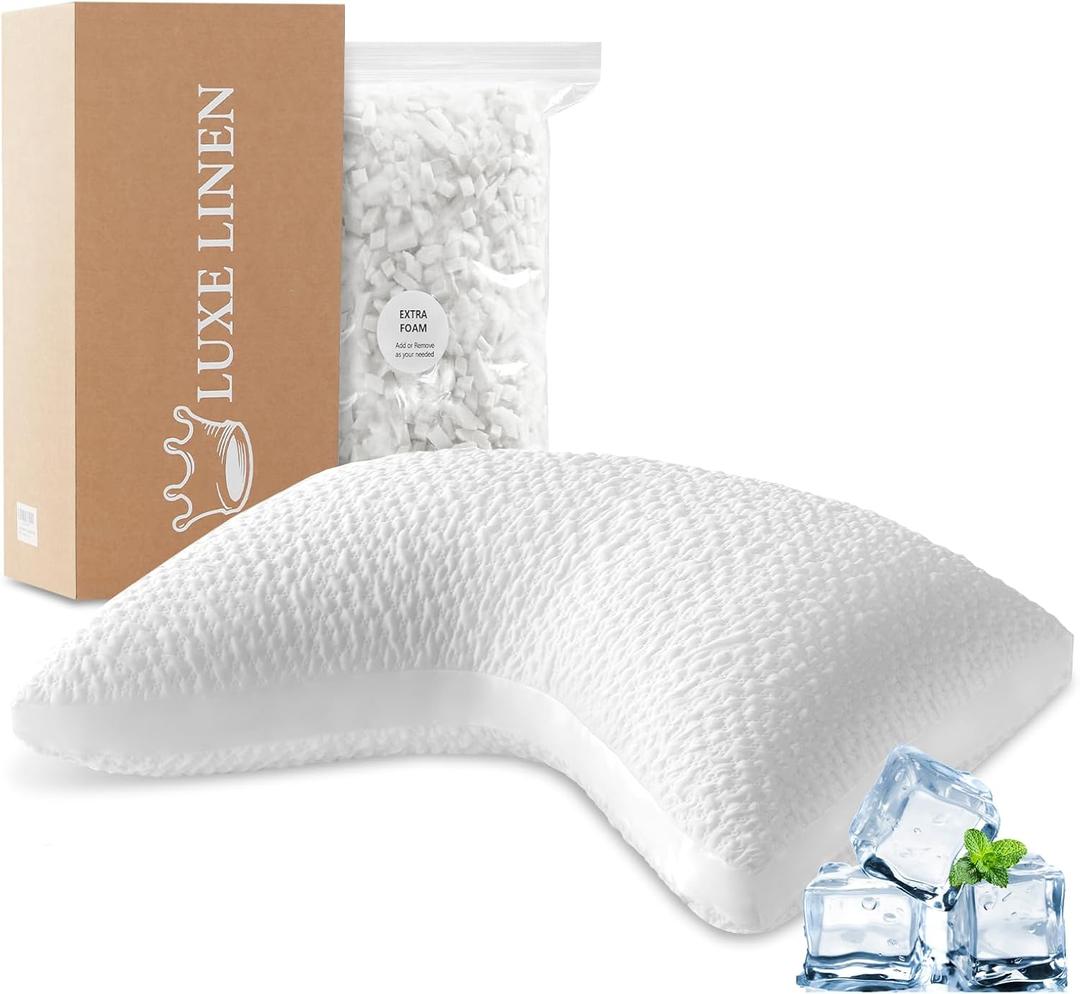 Cooling Side Sleeper Pillow for Neck and Shoulder Support, Ergonomic Curved Crescent Gusseted Luxury Shredded Memory Foam( CertiPUR-US Certified ) with Extra Fill, Cool & Soft Cover, White Standard