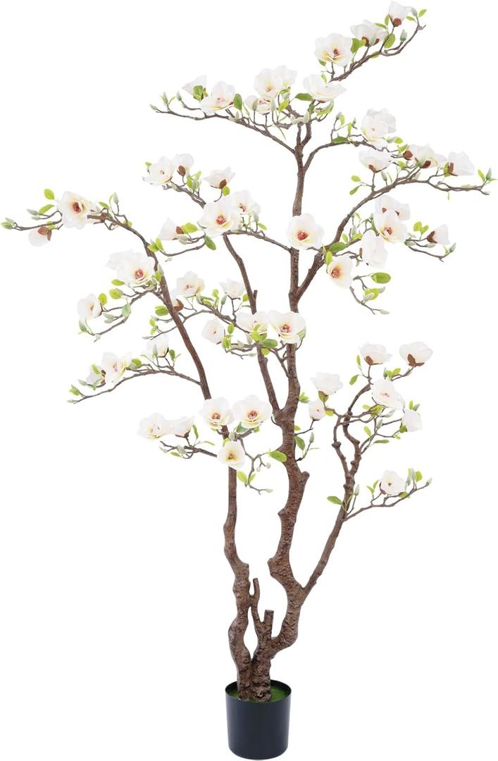 Artificial Magnolia Tree, 6.8FT Tall Fake Indoor Tree, Realistic Real Touch Leaves and Flowers Perfect for Indoor Decor, Living Room, Door, Office and Hotel Decor (White) (6ft 10in, White & Yellow)