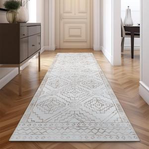 jinchan Hallway Runner Rug 2x6 - Moroccan Kitchen Machine Washable Runner Rug Modern Geometric Soft Faux Wool Ultra-Thin Low-Pile Non-Slip Carpet for Laundry Room Bedroom Farmhouse (2x8ft,Taupe)