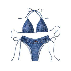 SHENHE Women's 2 Piece Swimsuits Denim Print Halter String Triangle Tie Side Bikini Set SIZE S