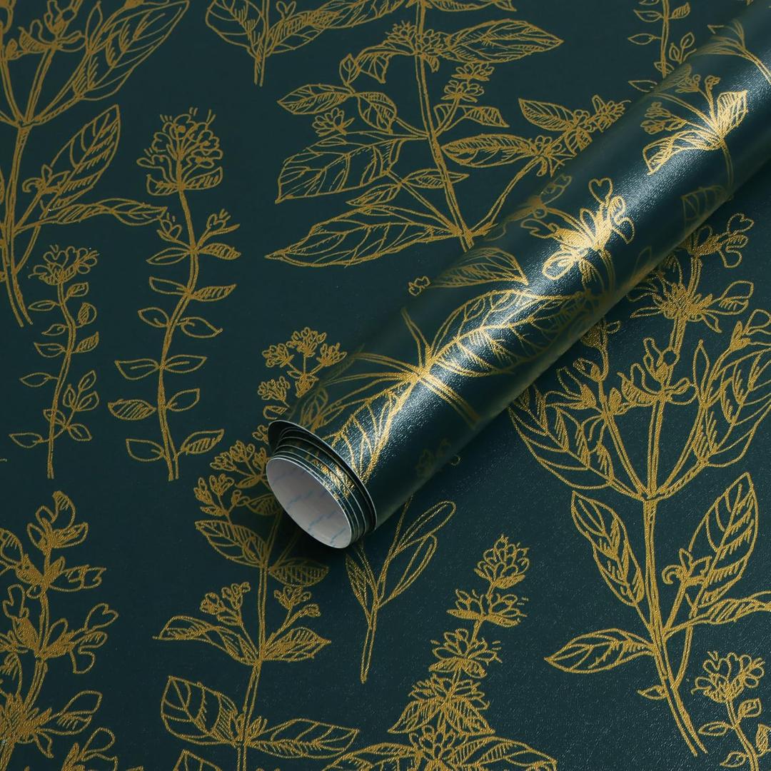 Kitico Wallpaper Peel and Stick Gold and Green Wallpaper Floral Removable Contact Paper Textured Self Adhesive for Bedroom Furniture Decorate Vinyl Roll 17.3''x393.7''