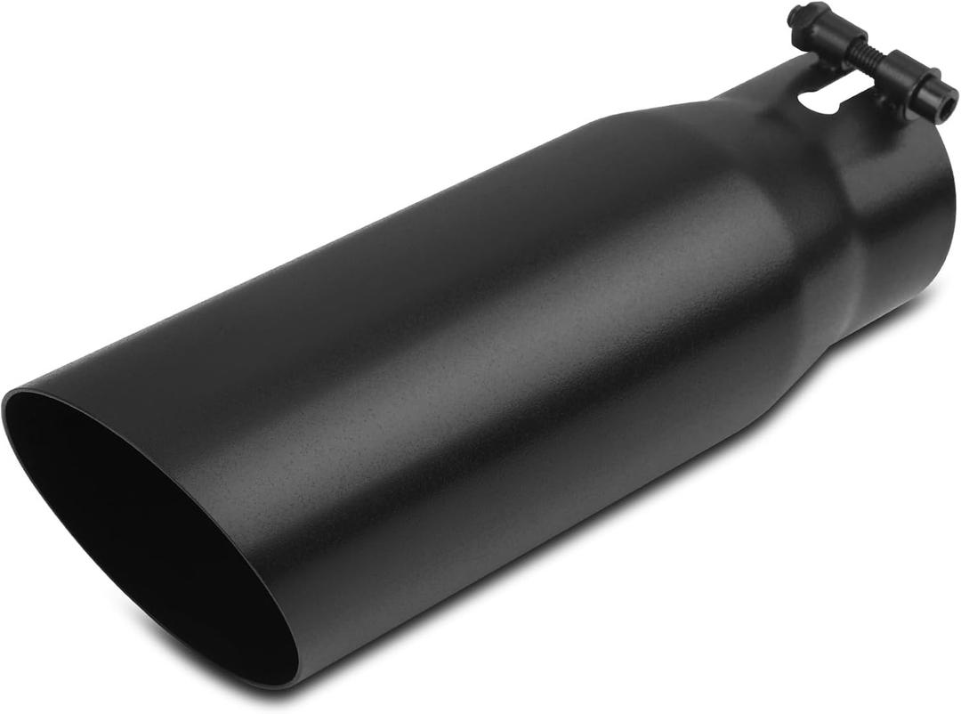 2.75 inch Inlet Exhaust Tip, 3.5" Outlet 12" Overall Length Stainless Steel Exhaust Tail Pipe, Bolt-On, Slant Sleek Angle Cut, Polished Tailpipe, Black