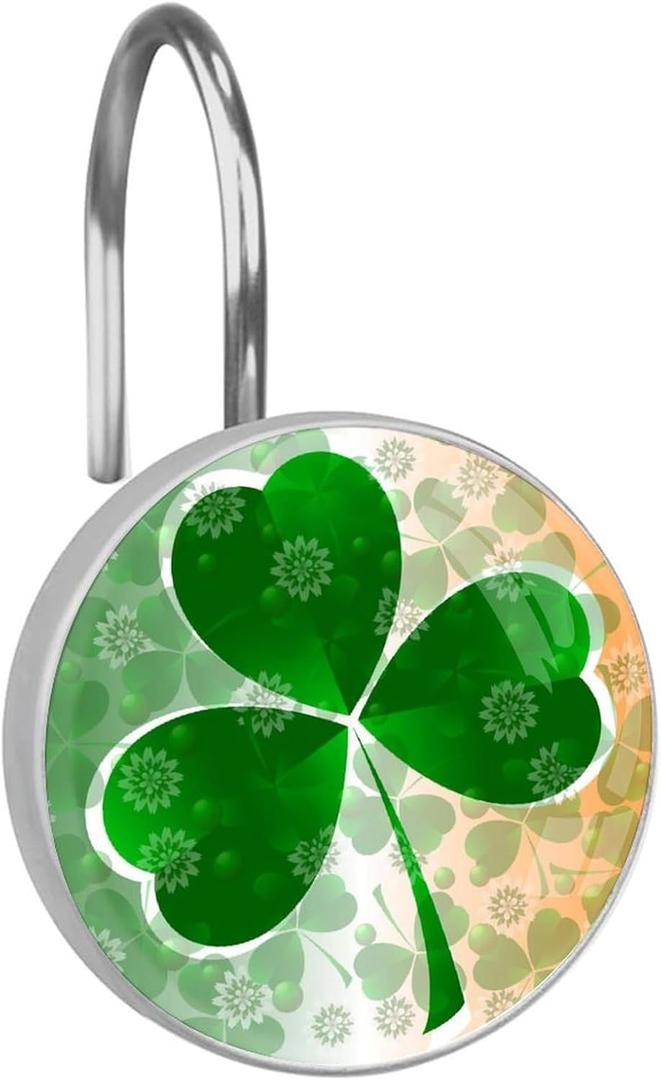 St. Patrick's Day 12pcs Clover Shower Curtain Hooks, Decorative Shower Curtain Hanger Rings Roller, Stainless Steel Round Shower Rings Hangers for Bathroom (Color-14)