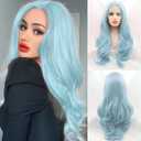 Blue Wigs for Women Light Long Wavy Neon Blue Lace Front Wig Pre Plucked Hairline Free Part Colorful Pastel Baby Blue Glueless Real Hair Wig Synthetic Heat Resistant Daily Holiday 24 Inch