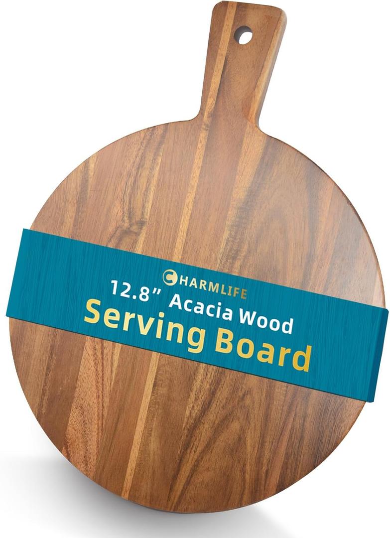 Acacia Wood Round Cutting Board with handle 16 x 13 Pizza Peel Cheese Paddle Board - Decorative Charcuterie Serving Board for Kitchen