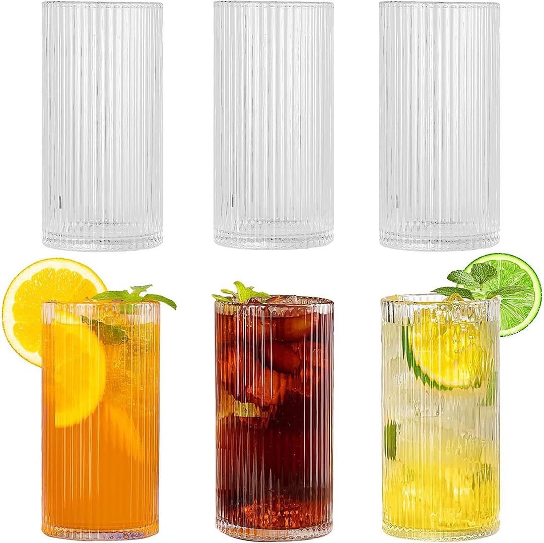 megarte Ribbed Glassware Vintage Drinking Glasses - 13 Oz Glassware Set of 6 Highball Origami Style Fluted Vertical Stripes Tumblers Juice Drinking Cups Dishwasher Safe