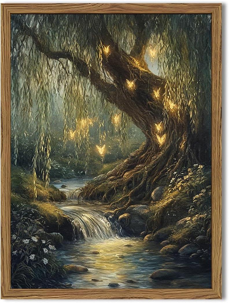 Vintage Forest Fairy Wall Art Whimsical Cottagecore Tree Fairy Wall Decor Painting Magical Landscape 3D Texture Hand Drawn Sandstone Artwork for Bedroom Living Room 16x24 inch Wood Framed