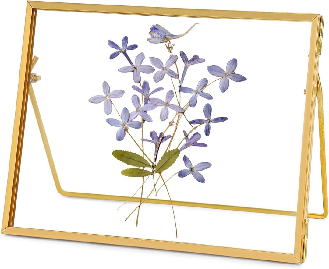 REDHUGO Glass Pressed Flower Frame Handmade, Glass Floating Picture Frames Tabletop Brass Photo Frame for DIY Dried Flowers Home Plant Specimen, Rectangle Horizontal 57 inches,Gold (FRAME ONLY)