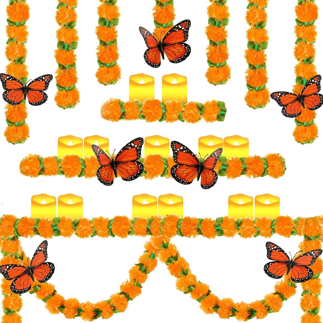 Riceshoot 20 Set Marigold Garland Decoration Day of The Dead Party Supply Include 9.8 ft Marigold Garland with Green Leaves 6 Pcs Butterfly 12 Pcs LED Candle Wedding Diwali Indian Halloween Christmas