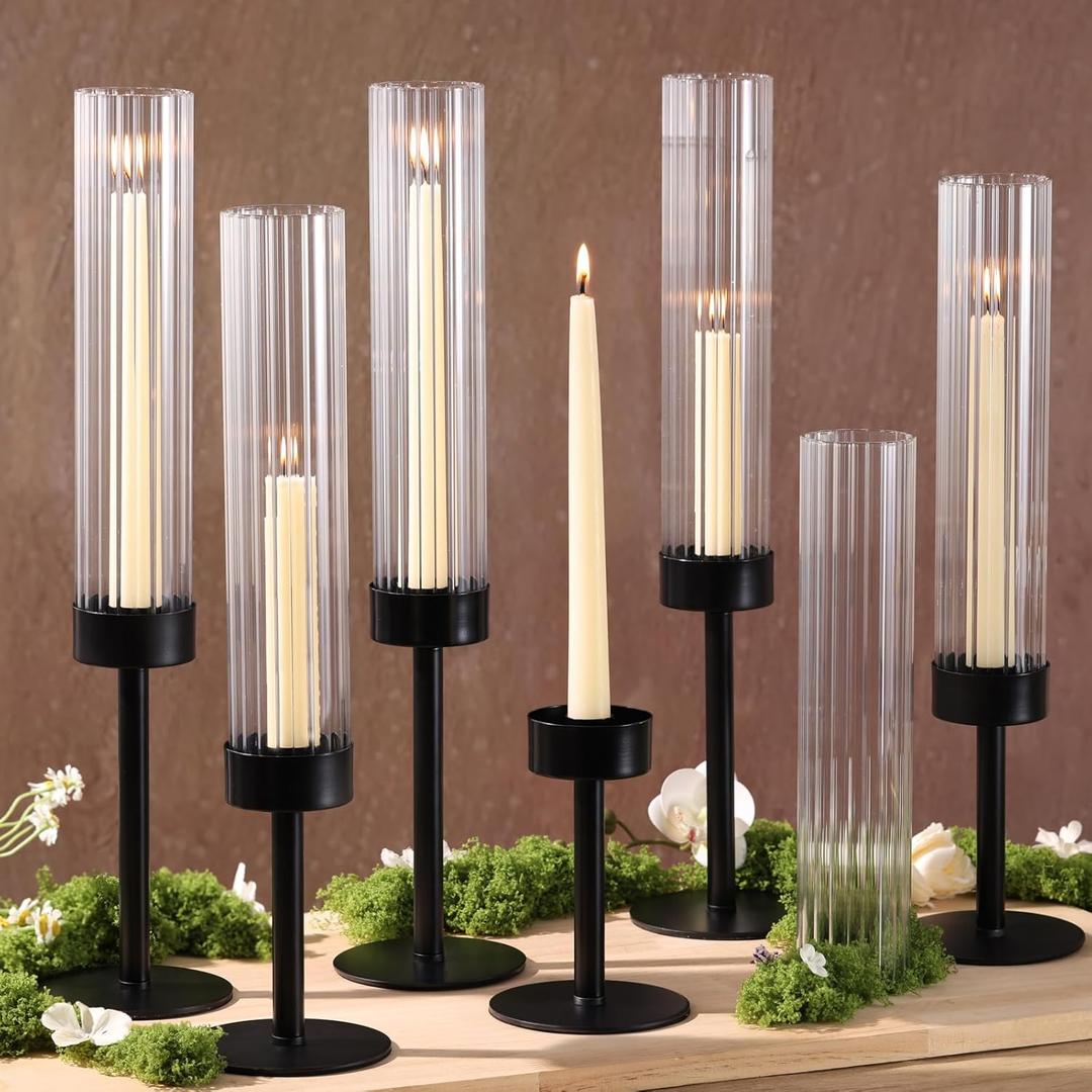 Volens Hurricane Glass Candle Holders Black: Set of 6 Taper Candle Holders with Ribbed Cylinder 11'' Tall Windproof Chimney Cover for Outdoor/Indoor Table Centerpiece Wedding Party Home Decor