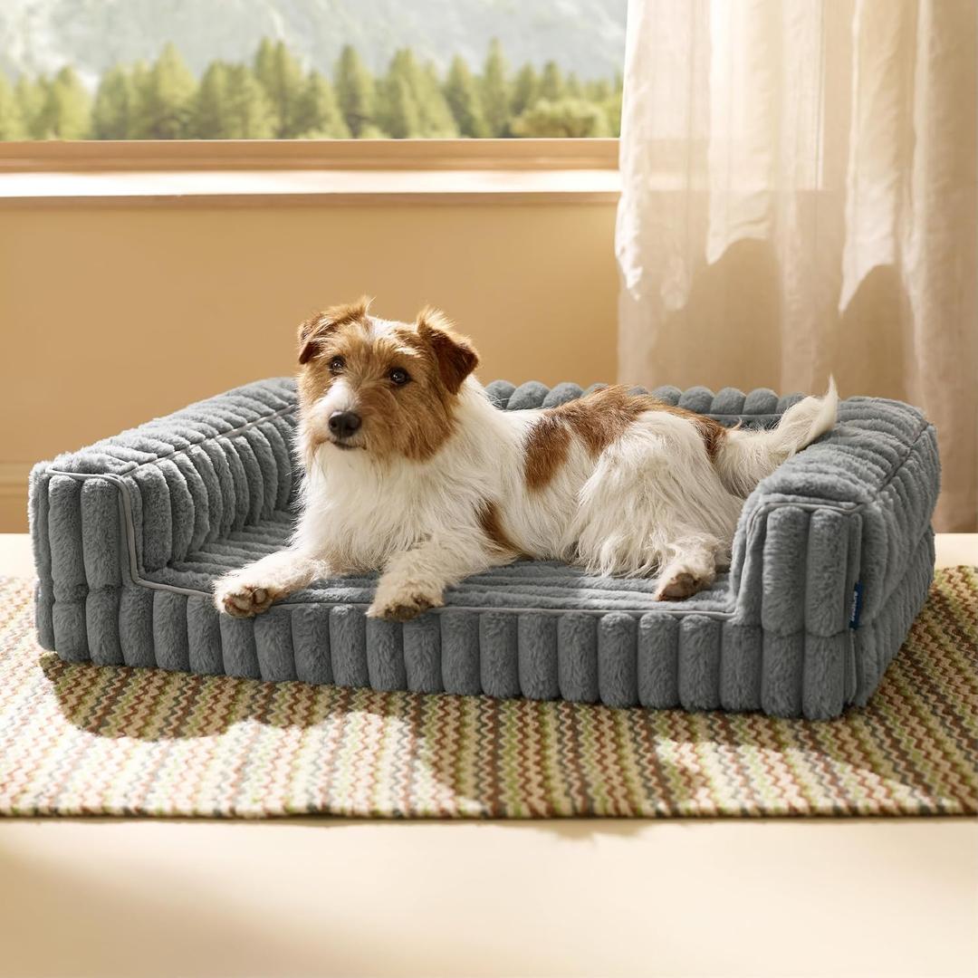 Bedsure ComfyFleece Orthopedic Dog Bed for Medium Dogs, Waterproof Memory Foam Medium Pet Beds with Sides, Non-Slip Bottom and Egg-Crate Foam Dog Couch Sofa with Washable Corduroy Cover, Grey