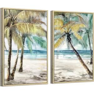 Abstract Palm Tree Paintings Framed: Tropical Seaside Coconut Tree Canvas Painting Golden Framed for Living Room (24''W x 36''H x 2 PCS, Multi-Sized)