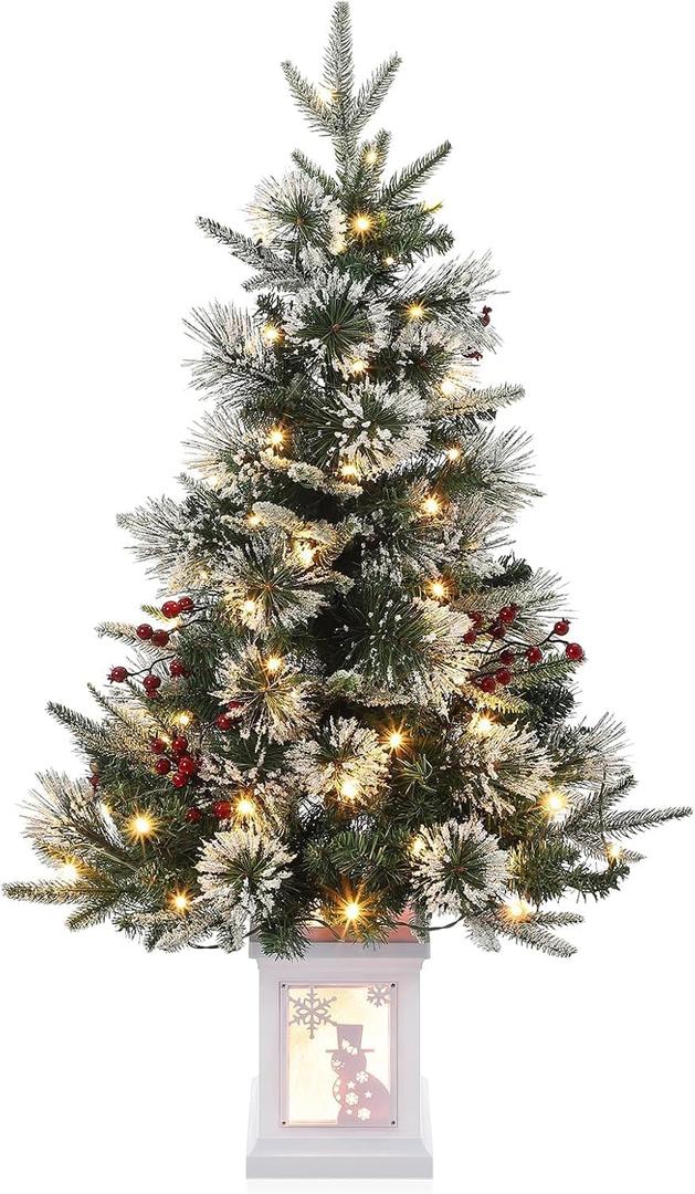3 ft Christmas Tree, Snowman Base, Fiber Optic Light-Style Artificial Christmas Tree, 78 Led Lights, 8-Mode Battery Box, Red Berry Decorations, Holiday Ready, Easy Installation
