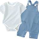 YALLET Baby Boy Clothes Infant Boy Summer Outfits  Romper+Bib Suspender Shorts Bodysuit Overalls Set (Light Blue), Size: 0-3 Months