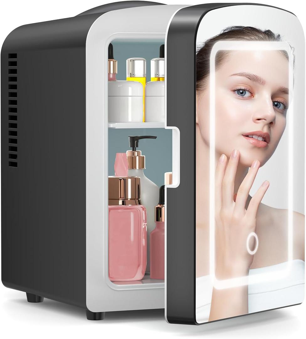 Xbeauty Skincare Mini Fridge With Dimmable LED Mirror, 4L Mini Refrigerator for SkinCare, Cosmetics, Food & Drinks, Portable Small Refrigerator for Bedroom, Dorm, Car, Office, Black