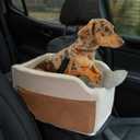 Center Console Dog Car Seat - Safety Straps & Leash - Sturdy Foam and Plush Pillows - Adjustable Mount Design - Large Storage Pockets for Accessories - Perfect for Small Pets & Cats (Khaki) (normal)