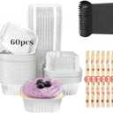 YQER 60 Pack 10oz Mini Cake Pans with Lids, Spoons, Stickers - Disposable Square Brownie Baking Cups - Individual Small Aluminum Foil Loaf Tins for Muffin, Ramekins, Cupcake - Catering, Gift, Sliver