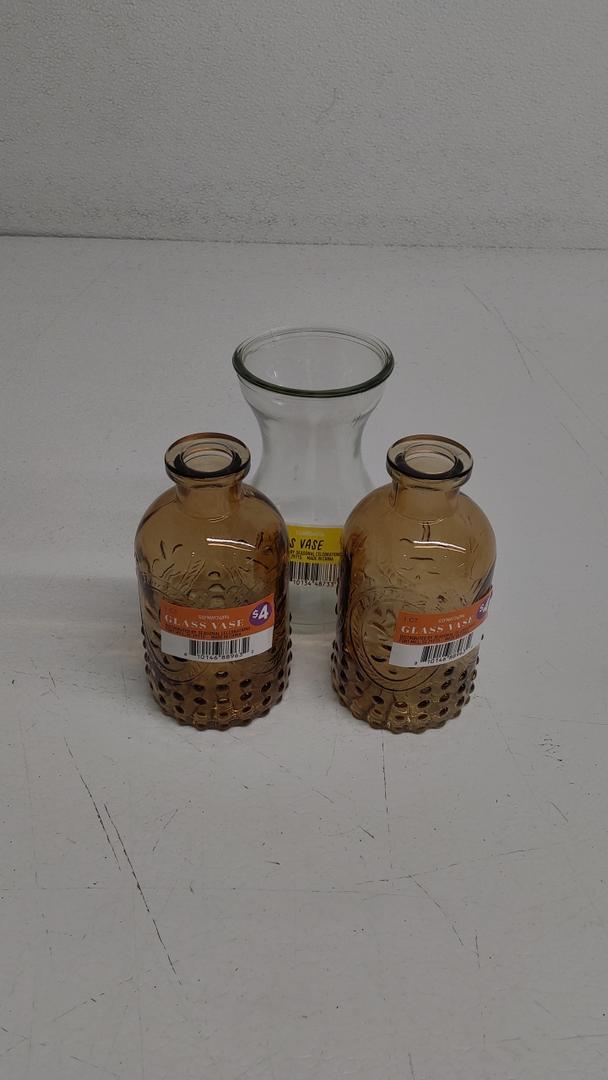 Amber Ridged Glass Vases, Set of 2 & One Clear Vase