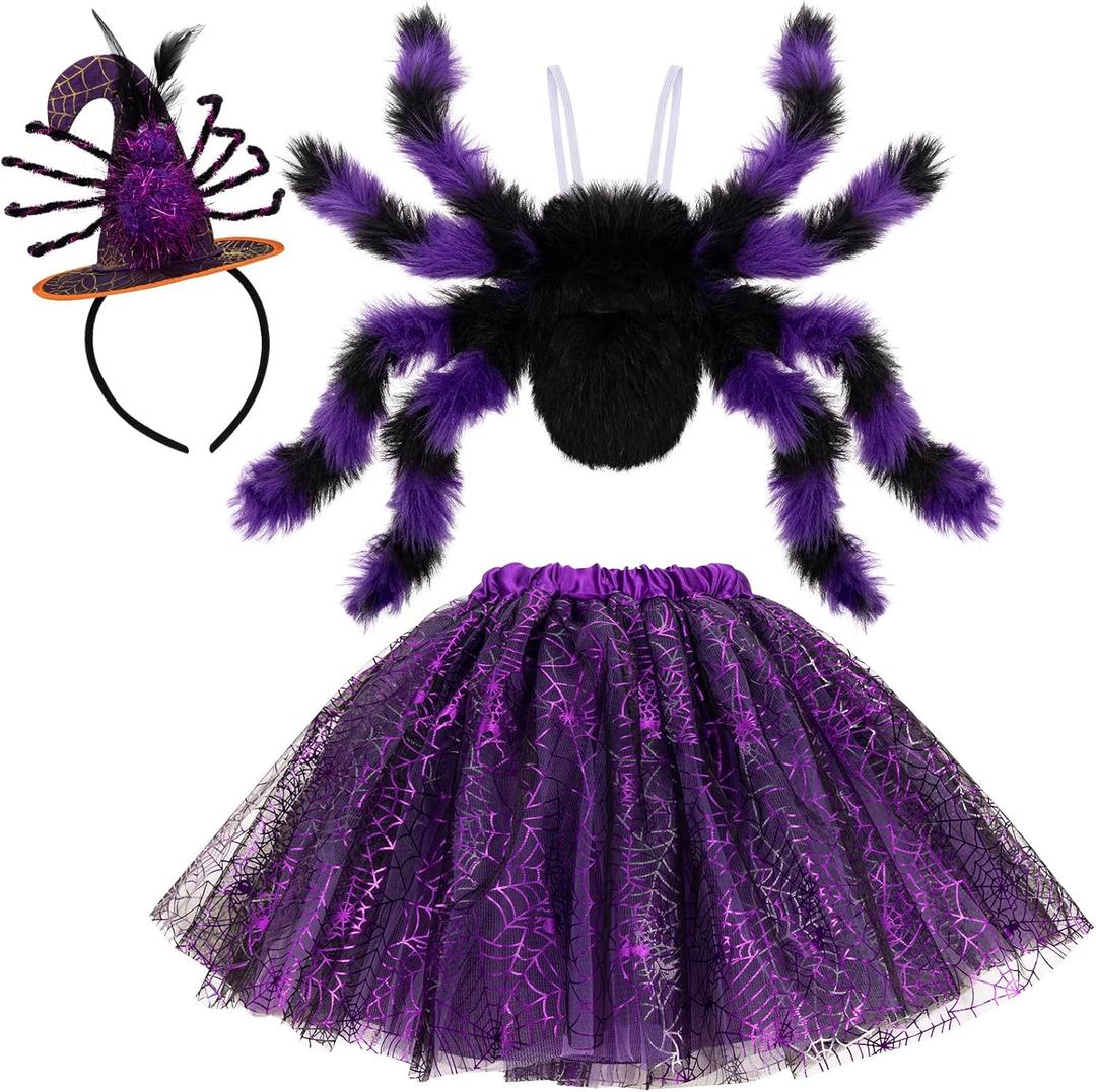 Hifot Spider Costume for Kids, Spider Wings Tutu Skirt Spiderweb Headband Set Girls Halloween Costumes Cosplay Party (Purple)