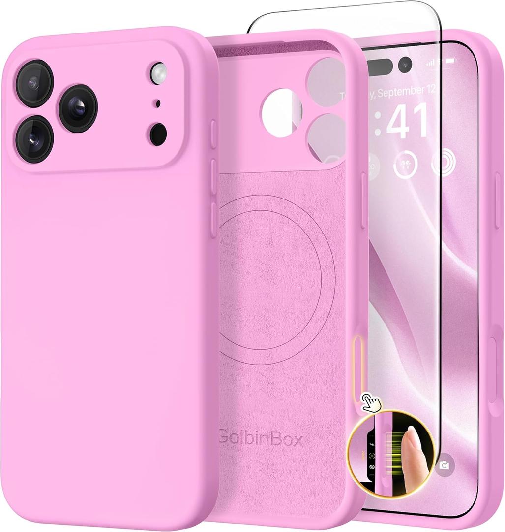 GolbinBox Magnetic for iPhone 17 Pro Max Case, Compatible with MagSafe, [Full Camera Protection] [Screen Protector], Silicone Shockproof Phone Cover with Anti-Scratch Microfiber Lining, Rose Pink