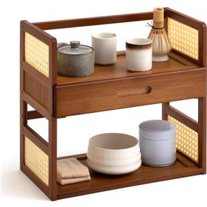 Matcha Station Organizer 2 Tier Bamboo Mug Stand Shelf with Hidden Drawer Home Coffee Station Organizer for Whisk Set Bowl Cup Kitchen Countertops Bars 15.75" x 7.87" x 15.35"(Brown)