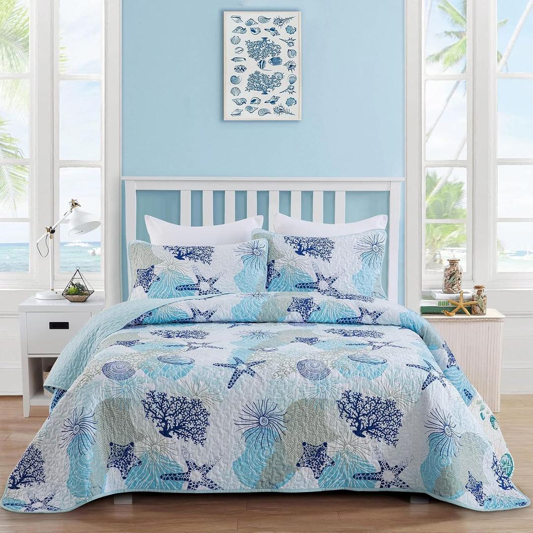 Dinjoy Coastal Quilt Set Queen Size, Blue Ocean Beach Themed Bedding Set Coral Seashell Conch Starfish Pattern Microfiber Lightweight Summer Bedspread Coverlet Bed Set All Season (96x90 Inch)