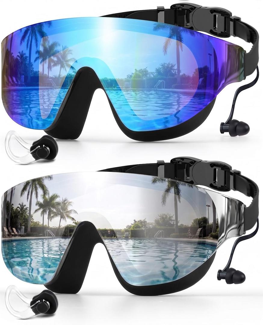 Zoomsnail Swim Goggles 2 Pack, Rimless Wide View Swimming Goggles for Adult, Anti-Fog UV Leaking Pool Goggles for Men Women (Blue & Silver)