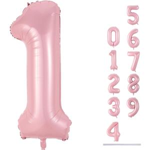 Pastel Pink 1 Balloons, 40 Inch Giant Light Pink Helium Foil Number 0-9 for Girls, Self Inflating 1st Birthday Balloon for Women Anniversary Baby Shower Princess Party Decorations Supplies