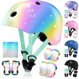 Vvinca Kids Toddlers Bike Helmet Adjustable for Ages 3-5-8 Years, Knee Pads and Elbow Pads Set Wrist Guard Sports Protective Gear Set for Roller Skate Bicycle Skateboard Scooter Girl Boy Birthday Gift (01 Rainbow)