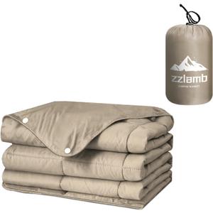 zzlamb Camping Blanket, Compact Lightweight Soft Puffy Blanket Water-Repellent, Packable Warm Quilt Down Alternative Picnic Hiking Backpacking Beach Travel RV Airplane Couch Car (For Kids, Khaki)