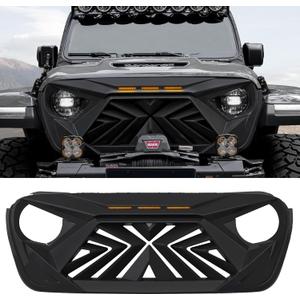 Seven Sparta Front Grill with 3 Amber LED Lights Compatible with 2018-2023 Jeep Wrangler JL JLU Gladiator JT, ABS Grille (Matte Black)