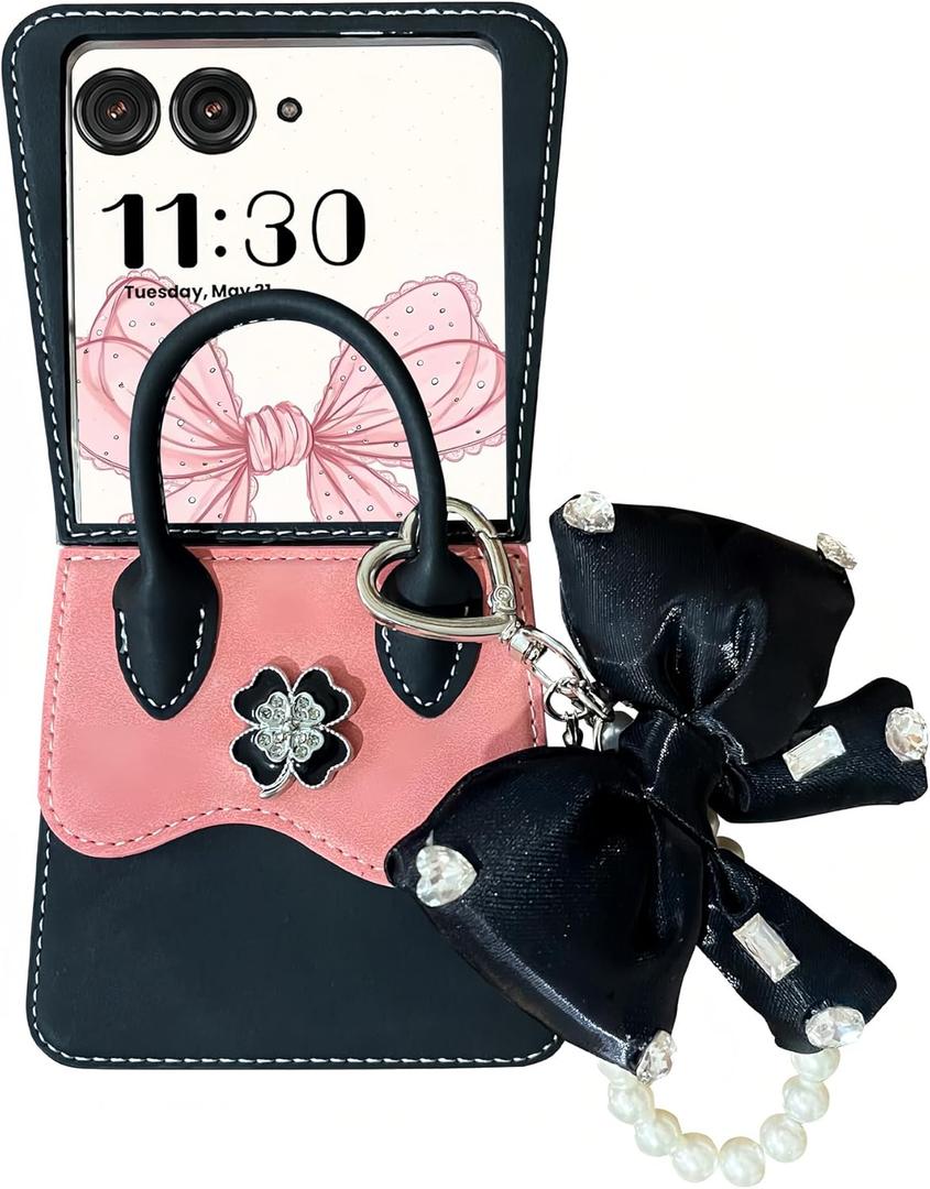 for Galaxy Z Flip 7 Case with Long Strap & Chain, Cute Shape Design Z Flip 7 Phone Case for Women Girls, Shockproof PU Leather Case for Samsung Galaxy Z Flip 7 Black